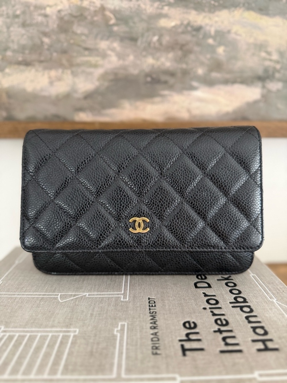 CHANEL Black Quilted Caviar Leather Mini Wallet-on-Chain with Gold CC